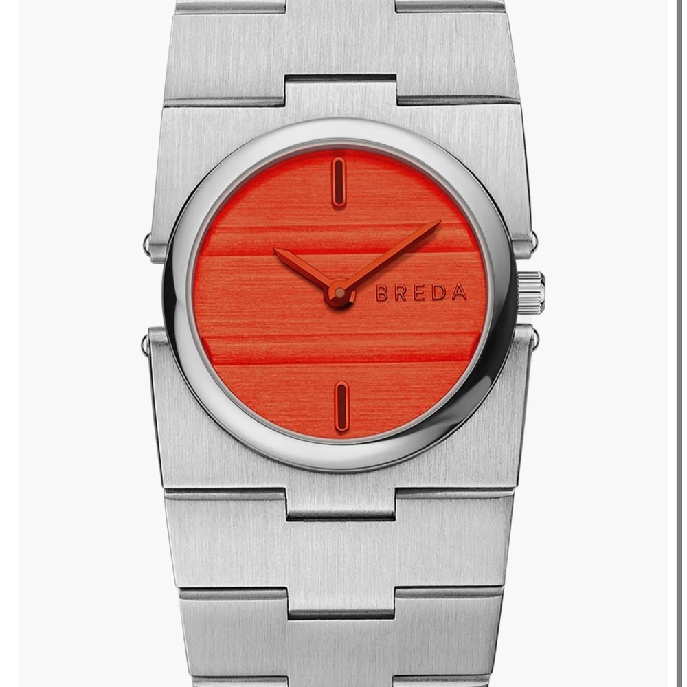 NEW Breda Sync Silver Watch with Red Orange Dial